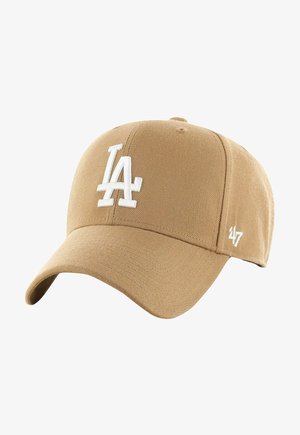 Cappellino da baseball color beige con logo "LA" ricamato bianco sul davanti e piccolo logo "47" sul lato, visiera curva e pannelli cuciti.