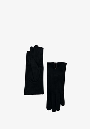 Guanti neri realizzati in tessuto liscio, con design a cinque dita e cuciture sottili. Un guanto presenta una chiusura con zip al polso.