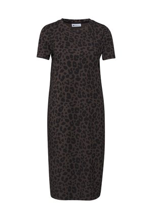 Robe gris foncé longueur genou avec manches courtes et motif léopard noir, col rond et coupe droite.