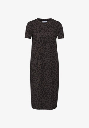 Mørkegrå knælang kjole med korte ærmer og sort leopardprint, rund halsudskæring og lige snit.