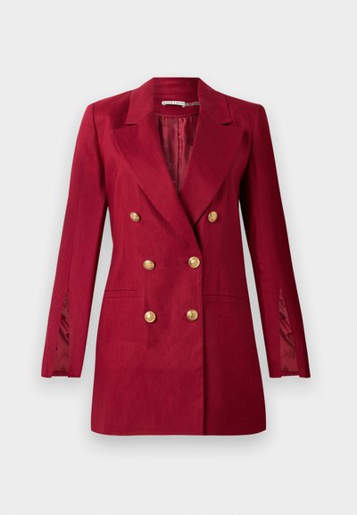 Red linen double-breasted blazer with gold buttons, notch lapels, and side pockets. Lined interior with a smooth texture and tailored fit.
