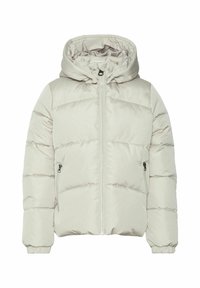 Světle šedá péřová bunda s kapucí, zipovým zapínáním a bočními kapsami; má prošívaný design a elastické manžety pro těsné padnutí.