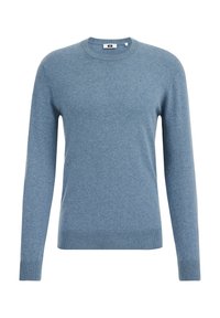 Light blue knit sweater with a crew neck, long sleeves, and ribbed cuffs and hem. Smooth texture with no visible patterns or accents.