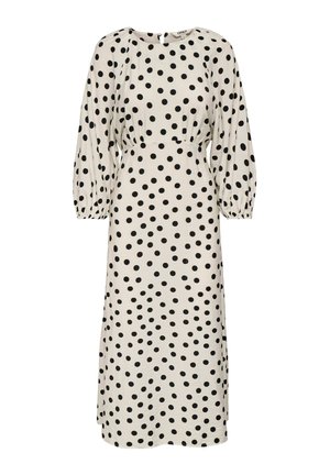 Biele midi šaty s čiernymi bodkami, dlhými nafúknutými rukávmi, zoštíhleným pásom a okrúhlym výstrihom.