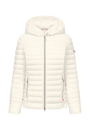 Biała pikowana kurtka z kapturem, zapinana na suwak z przodu, posiadająca dwie boczne kieszenie na suwak, zaprojektowana na zimne warunki pogodowe.