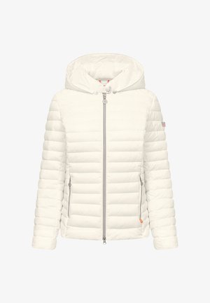 Biała pikowana kurtka z kapturem, zapinana na suwak z przodu, posiadająca dwie boczne kieszenie na suwak, zaprojektowana na zimne warunki pogodowe.