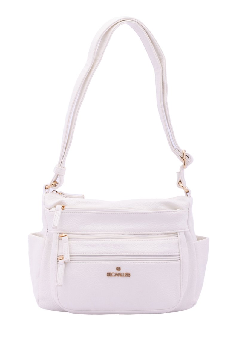Borsa a spalla in pelle bianca con finitura texture, dotata di hardware dorato, una tasca principale con zip e due compartimenti frontali con zip.