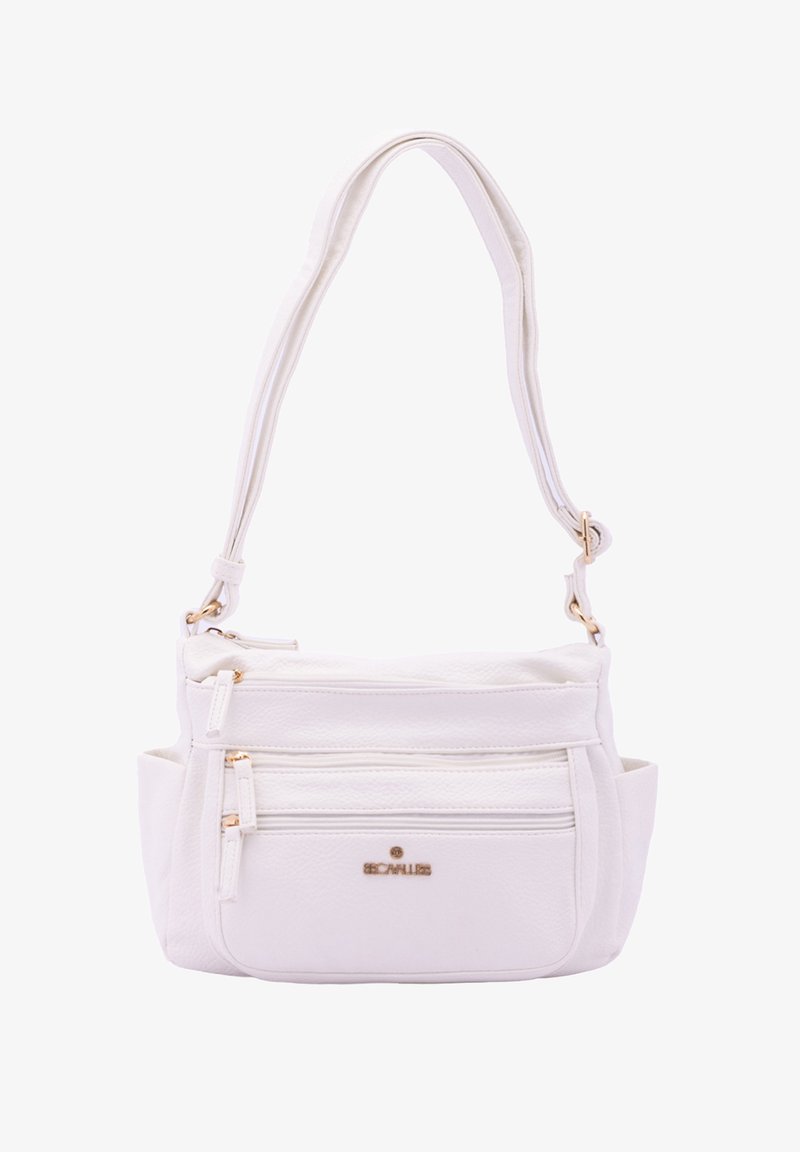 Borsa a spalla in pelle bianca con finitura texture, dotata di hardware dorato, una tasca principale con zip e due compartimenti frontali con zip.