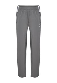 Pantaloni sportivi grigi realizzati in tessuto liscio, con vita elasticizzata, tasche laterali e accenti a strisce bianche lungo i lati.