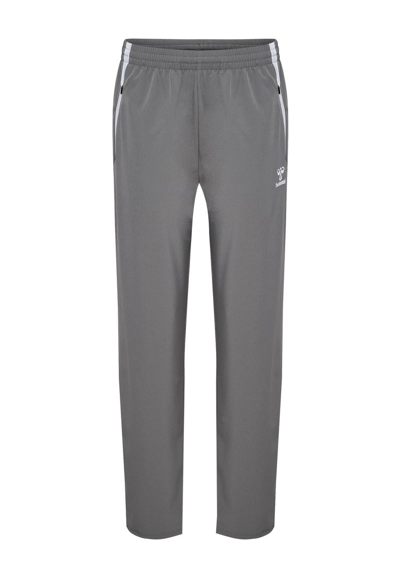 Pantaloni sportivi grigi realizzati in tessuto liscio, con vita elasticizzata, tasche laterali e accenti a strisce bianche lungo i lati.