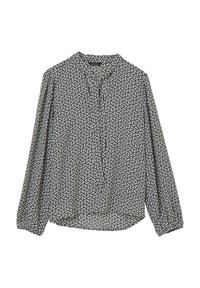 Blusa a maniche lunghe bianco e nero con motivo geometrico, davanti con bottoni e tessuto morbido. Presenta un colletto e polsini arricciati.
