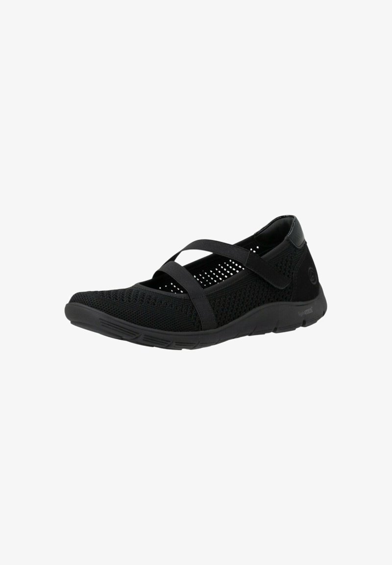Chaussure Mary Jane noire respirante avec brides croisées élastiques et semelle rembourrée conçue pour un confort léger et un bon maintien.