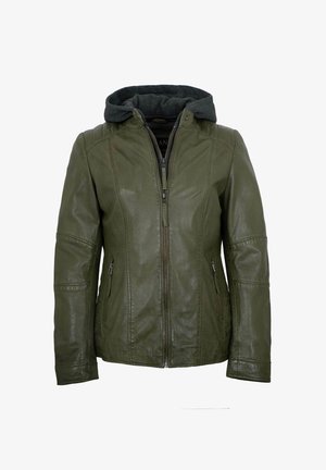 Olivgrüne Lederjacke mit Frontreißverschluss, zwei seitlichen Reißverschlusstaschen und angenähter dunkelgrauer Kapuze aus Stoff.