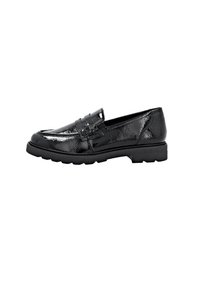 Mocassins en cuir verni noir avec une semelle en caoutchouc épaisse, dotés d'une sangle décorative et d'un détail de surface texturé pour une meilleure adhérence.