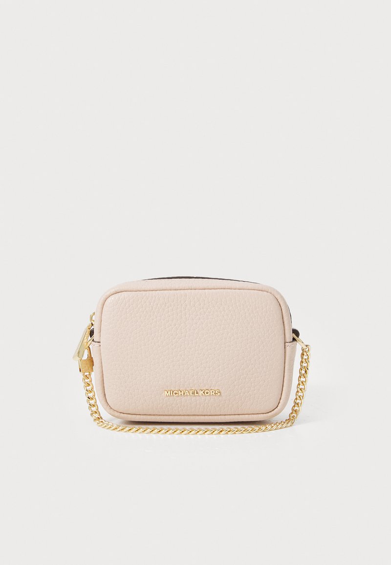Pink leather crossbody bag with gold chain strap, featuring a textured finish and gold logo detail on the front. Rectangular shape.