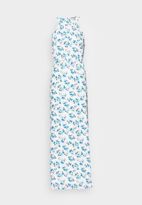 Vestido maxi floral com fundo branco, apresentando flores azuis e pêssego, design de halter e cintura elástica para conforto.