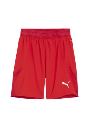 Rote Sportshorts mit elastischem Bund, seitlichen Mesh-Einsätzen für Belüftung und einem weißen Puma-Logo auf der unteren linken Seite.