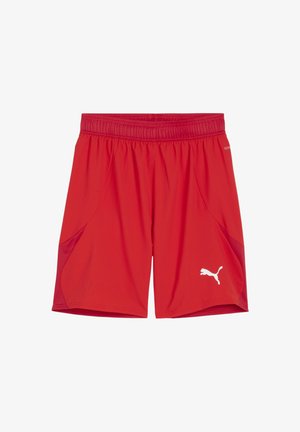 Pantaloni sportivi rossi con vita elastica, pannelli laterali in rete per ventilazione e logo Puma bianco sul lato sinistro in basso.