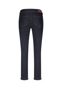 Mørke denim jeans med en lige pasform. Har oprevne cuffs, to baglommer og et mærke ved taljen. Glat tekstur og ensartet farve.