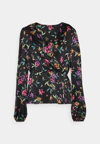 Svart blus med vibrerande blomstertryck i rosa, lila och orange. Långa ärmar, elastisk midja och slät satinstruktur.