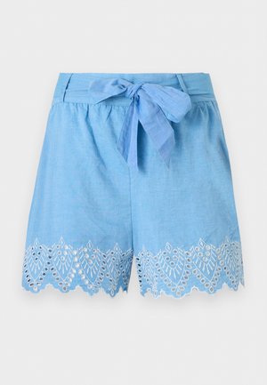 Ανοιχτό μπλε λινό σορτς με δέσιμο στο μπροστινό μέρος και λευκή κεντημένη λεπτομέρεια με κυματοειδές άκρο από κλωστή eyelet.