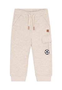 Beige Sweatpants für Kleinkinder mit elastischem Bund, Kordelzug, seitlichen Taschen, einer Cargotasche mit Stickerei eines Fußballs und gerippten Bündchen.