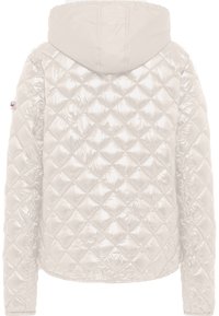 Lichtgewicht gewatteerde jacket met een glanzende, gestikte textuur, met een capuchon en elastische manchetten, in een zachte beige kleur.