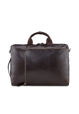 Dunkelbraune Lederaktentasche mit zwei Griffen und einer vorderen Reißverschlusstasche, entworfen für den professionellen Gebrauch.