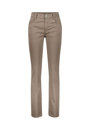 Beige gerade geschnittene Hose mit Frontknopf, Gürtelschlaufen und Vordertaschen, auf weißem Hintergrund dargestellt.