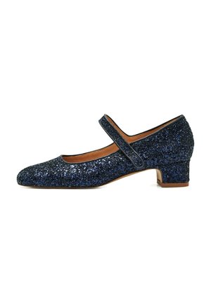 Scarpa Mary Jane blu glitter con punta arrotondata, tacco basso a blocco e cinturino regolabile. Fodera interna liscia che completa l'esterno testurizzato.