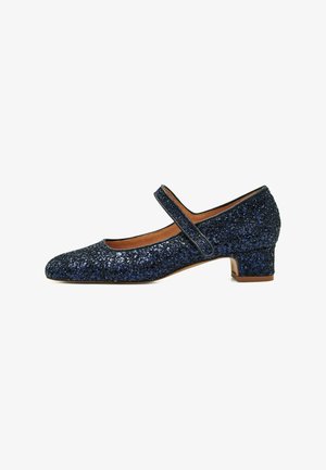 Blauwe glitterschoenen met Mary Jane-stijl, een ronde neus, lage blokhak en verstelbare riem. De gladde binnenvoering past goed bij de gestructureerde buitenkant.