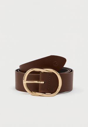 Ruskea nahkavyö, jossa on suuri, soikea kultasävyinen solki. Sileä pinta ja siististi ommeltu reuna. Säädettävä pituus mukautettavaksi.