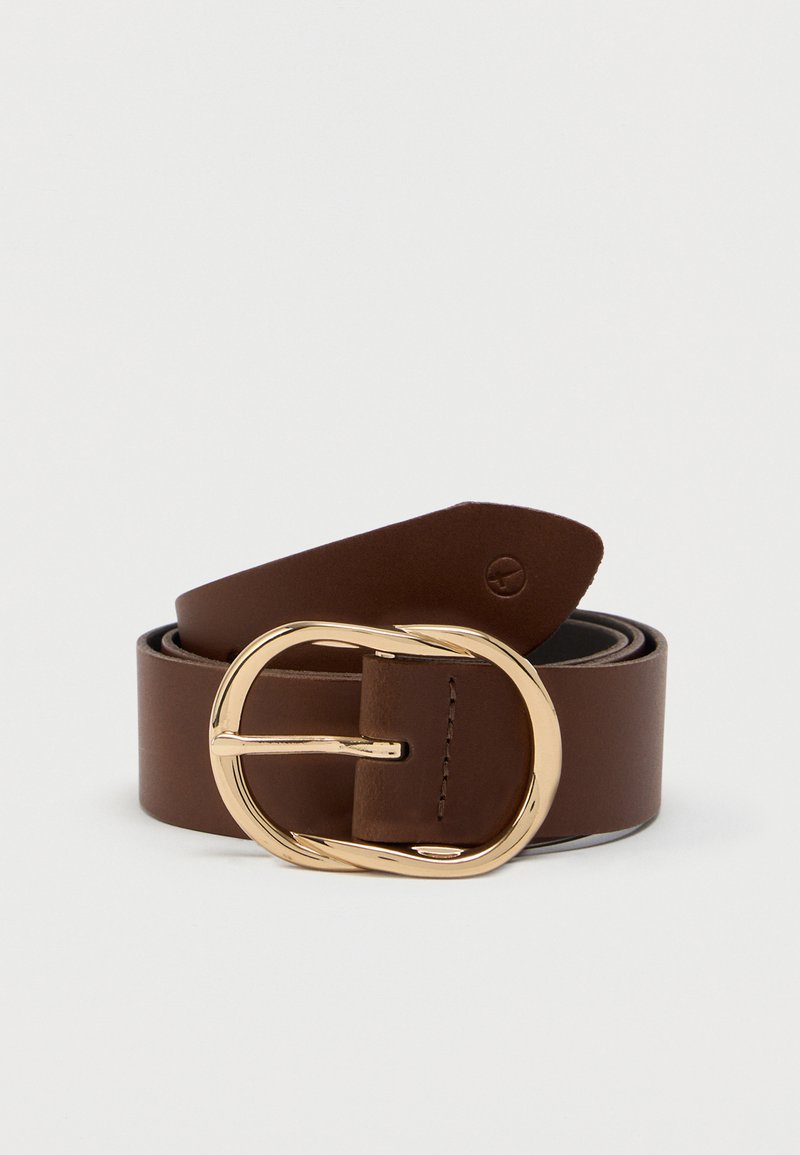 Hnedý kožený opasok s veľkou oválnou sponou v zlatej farbe. Hladký povrch s precízne prešitým okrajom. Nastaviteľná dĺžka pre pohodlné nosenie.