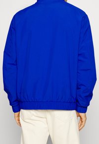 Blue bomber jacket with a smooth, shiny finish, elastic cuffs, and waistband. Features a simple, unembellished design and relaxed fit.