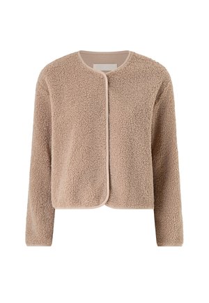Beige gekürzte Fleecejacke mit langen Ärmeln, rundem Ausschnitt und ohne sichtbare Verschlüsse, aus einem weichen, strukturierten Stoff.