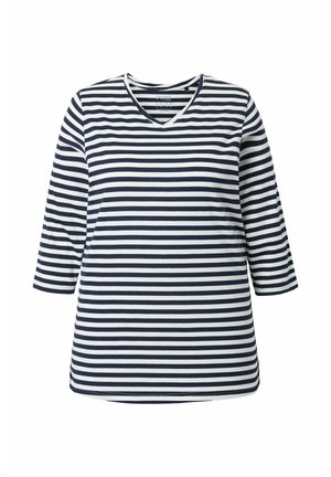 Camiseta de manga larga con rayas horizontales en azul marino y blanco, con cuello en V y dobladillo recto.