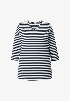 Chemise à manches longues à rayures horizontales bleu marine et blanches, avec un col en V et un ourlet droit.