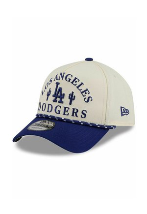 Beige and blue baseball cap with "Los Angeles Dodgers" text, "LA" logo, cactus icons, and New Era logo on the side.
