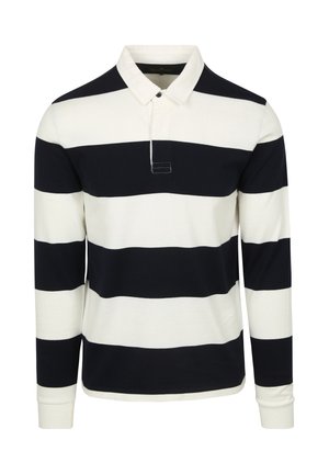 Langärmliges Polohemd in creme und navy gestreift, aus Baumwollmaterial, mit einem Kragen und einer Knopfleiste mit einem Knopf, geradem Saum und gerippten Bündchen.