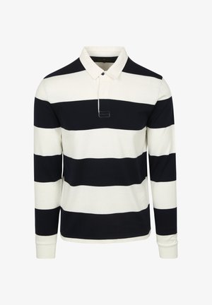 Langärmliges Polohemd in creme und navy gestreift, aus Baumwollmaterial, mit einem Kragen und einer Knopfleiste mit einem Knopf, geradem Saum und gerippten Bündchen.