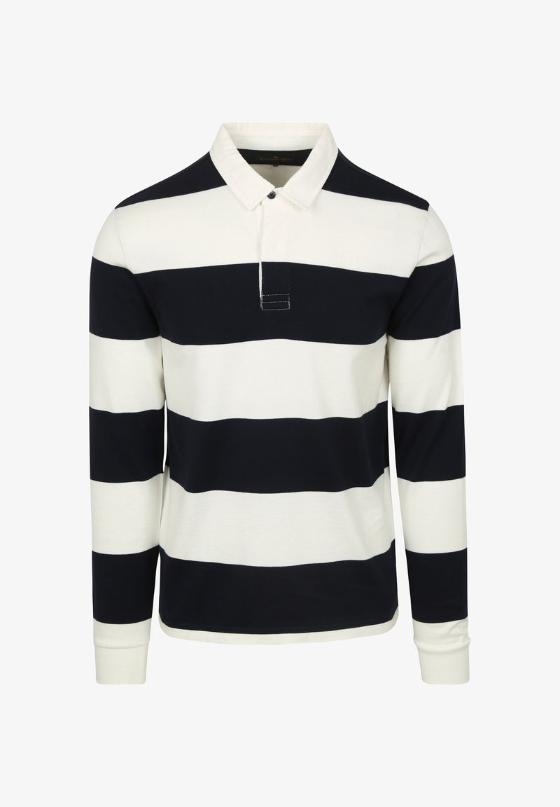 Langarm polo in crème en marineblauwe strepen, van katoen, met een kraag en een knoopsluiting, met een rechte zoom en geribde manchetten.