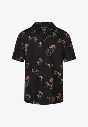 Chemise noire à manches courtes avec un motif de palmier et de surfeur squelette en orange, bleu et jaune. Dotée d'un col classique et de boutons.