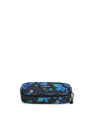 Trousse rectangulaire noire à motif floral bleu et vert, fermeture éclair et logo Eastpak en haut au centre.