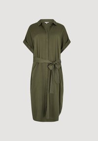 Olivgrünes Hemdkleid mit kurzen Ärmeln, knöpfen vorne und einem passenden Stoffgürtel. Weicher Stoff mit glatter Textur, knielanges Design.
