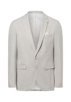 Hellgrauer Blazer aus strukturierter Stoff mit zwei Fronttaschen, einem weißen Taschentuch und zwei Knöpfen. Verfügt über einen Reverskragen und eine florale Anstecknadel.