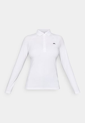 White long-sleeve polo shirt with a collar and black logo on the left chest, displayed against a plain light background.