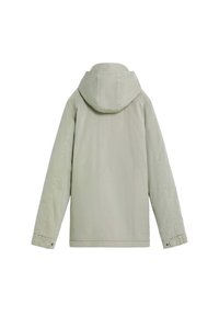 Vaaleanvihreä takki huppupeitteellä, jossa on yksinkertainen muotoilu, pitkät hihat ja sivutaskut. Silkkinen kangas ja ommellut yksityiskohdat ovat näkyvissä.