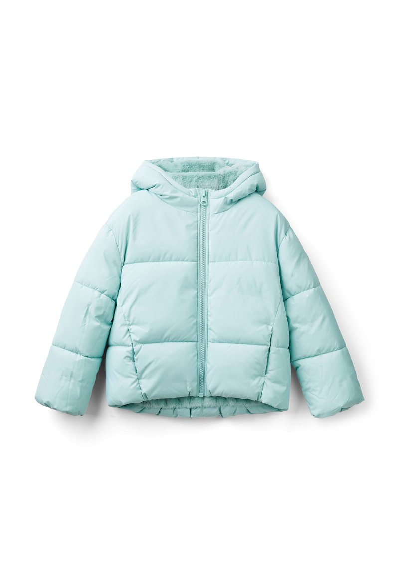 Svetle modrá prošívaná bunda s kapucí, zapínáním na zip a měkkou podšívkou. Obsahuje prošívaný design a elastické manžety pro pohodlné nošení.