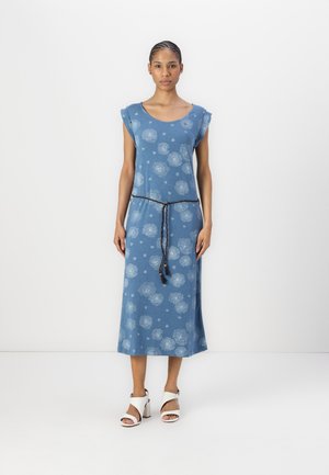 Blue, floral-patterned maxi dress with short sleeves and a scoop neckline, cinched at the waist with a brown braided belt.