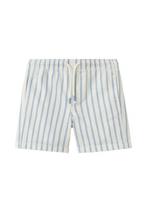 Short blanc avec des rayures verticales bleu clair, taille élastique et cordon de serrage à l'avant pour un ajustement réglable.